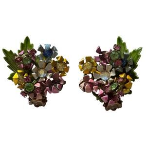 LERU Clip-On Earrings Climber Flower Enamel Pastel Rhinestones Spring